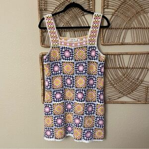 Petal Dew Multicolor Crochet Granny Square Mini Dress‎ Boho Festival Sz S/M B22